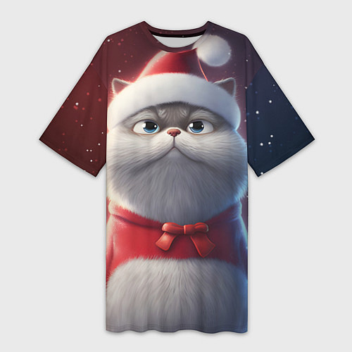 Женская длинная футболка Новогодний кот в шапке / 3D-принт – фото 1