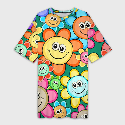 Женская длинная футболка Ромашки - смайлы / 3D-принт – фото 1