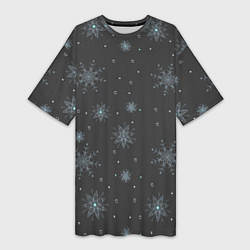 Женская длинная футболка Новогодние снежинки на сером фоне