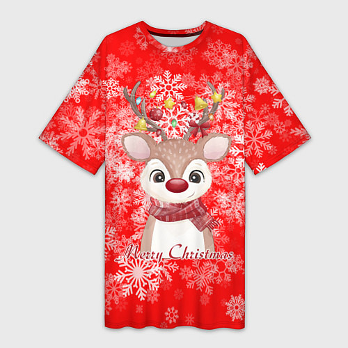 Женская длинная футболка Милый олень и белые снежинки / 3D-принт – фото 1