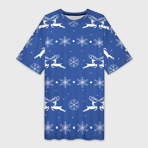 Женская длинная футболка Белые олени со снежинками на синем фоне / 3D-принт – фото 1