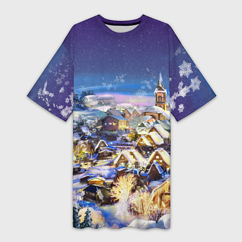 Женская длинная футболка Рождественская деревня / 3D-принт – фото 1