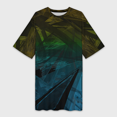 Женская длинная футболка Черный абстрактный узор на сине-зеленом фоне / 3D-принт – фото 1