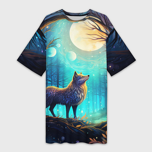 Женская длинная футболка Волк в ночном лесу в folk art стиле / 3D-принт – фото 1