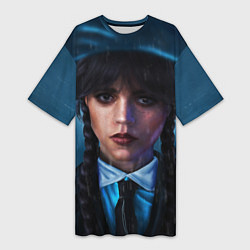 Футболка женская длинная Уэнсдэй под зонтом, цвет: 3D-принт