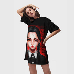 Футболка женская длинная Уэнсдэй на красном фоне, цвет: 3D-принт — фото 2