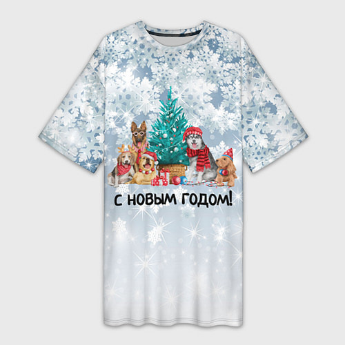 Женская длинная футболка Собачки поздравляют с новым годом / 3D-принт – фото 1
