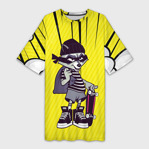 Женская длинная футболка Енот с мешком и скейтом / 3D-принт – фото 1