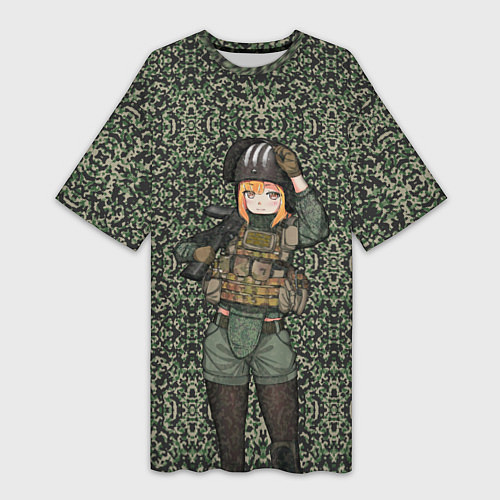 Женская длинная футболка Милитари аниме девочка / 3D-принт – фото 1
