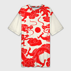 Женская длинная футболка Японские красные драконы