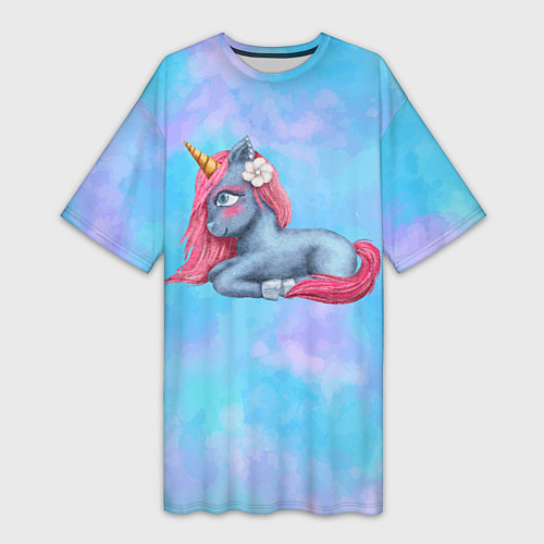 Женская длинная футболка Синий единорог с розовой гривой / 3D-принт – фото 1