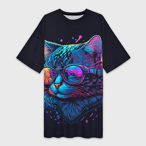 Женская длинная футболка Кот неоновый / 3D-принт – фото 1