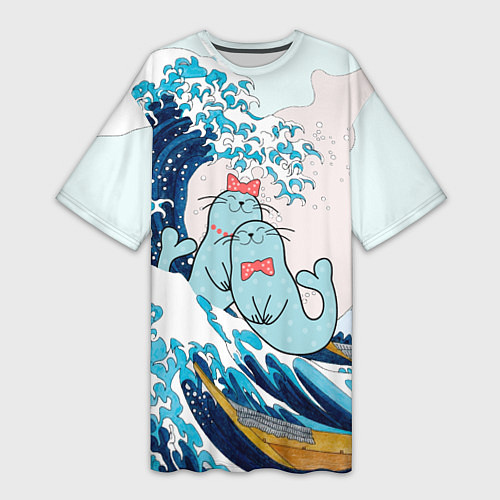 Женская длинная футболка Влюбленные тюлени у большой волны Канагава / 3D-принт – фото 1