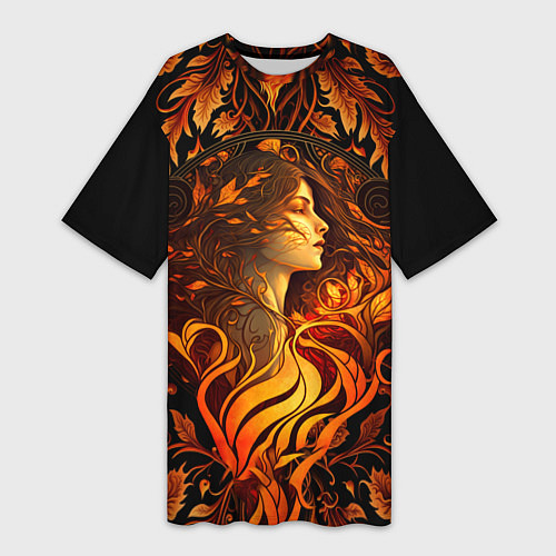 Женская длинная футболка Девушка в стиле ар-нуво с огнем и осенними листьям / 3D-принт – фото 1