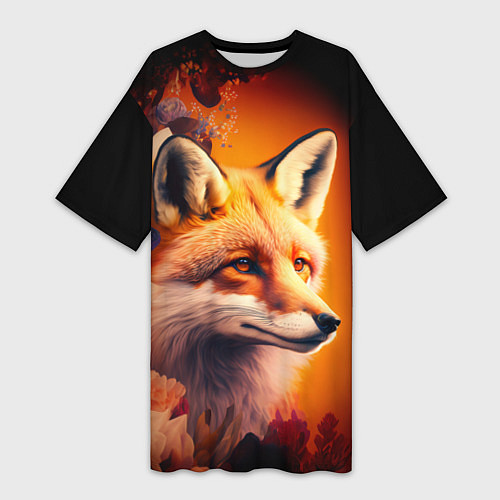 Женская длинная футболка Огненно рыжая лиса в цветах / 3D-принт – фото 1