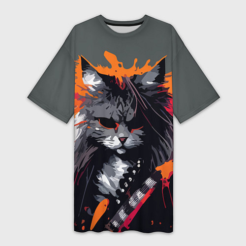 Женская длинная футболка Rocker Cat on a gray background - C-Cats collectio / 3D-принт – фото 1