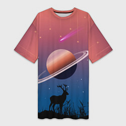 Женская длинная футболка Сатурн на фоне падающих звезд и кометы