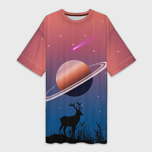 Женская длинная футболка Сатурн на фоне падающих звезд и кометы / 3D-принт – фото 1