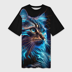 Женская длинная футболка Неоновый кот искрящий молниями