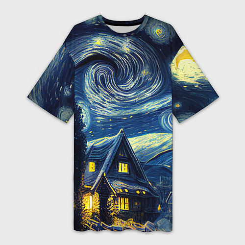 Женская длинная футболка Новогодняя ночь - имитация Ван Гога / 3D-принт – фото 1