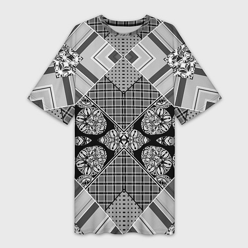 Женская длинная футболка Черно белый этнический лоскутный узор / 3D-принт – фото 1