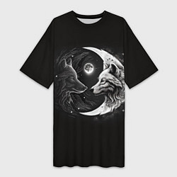 Женская длинная футболка Волки инь-янь луна