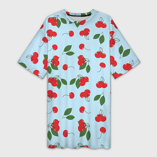 Женская длинная футболка Узор из ягод вишни на голубом фоне / 3D-принт – фото 1