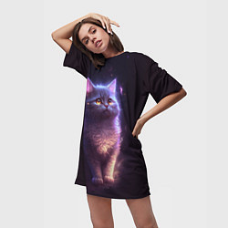 Футболка женская длинная Неоновый котик и луна, цвет: 3D-принт — фото 2
