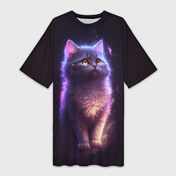 Женская длинная футболка Неоновый котик и луна