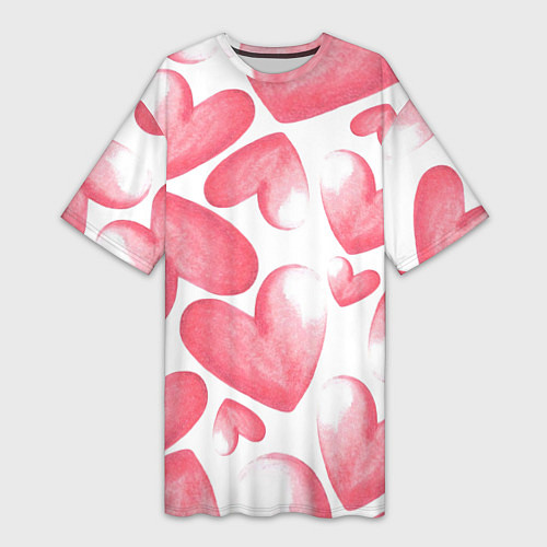 Женская длинная футболка Розовые акварельные сердца - паттерн / 3D-принт – фото 1