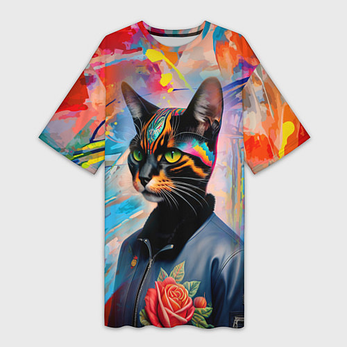 Женская длинная футболка Кошечка следящая за модой - нейросеть / 3D-принт – фото 1