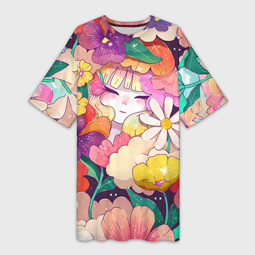 Женская длинная футболка Девочка в цветах / 3D-принт – фото 1