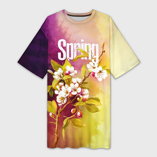 Женская длинная футболка Ветка цветущей яблони акварель / 3D-принт – фото 1