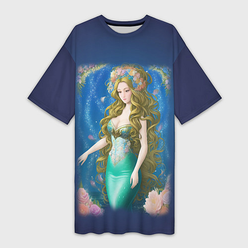 Женская длинная футболка Фэнтези женщина русалка с цветами / 3D-принт – фото 1