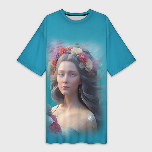 Женская длинная футболка Цветочный портрет женщины с голубыми глазами / 3D-принт – фото 1