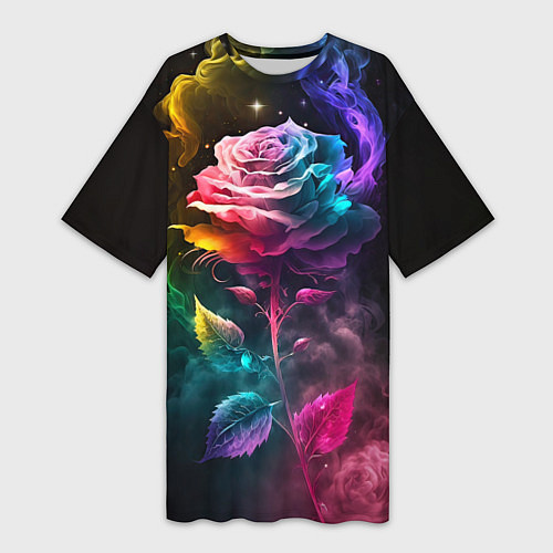 Женская длинная футболка Большая неоновая радужная роза / 3D-принт – фото 1