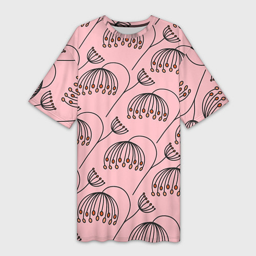 Женская длинная футболка Цветы в стиле бохо на пудрово-розовом фоне / 3D-принт – фото 1