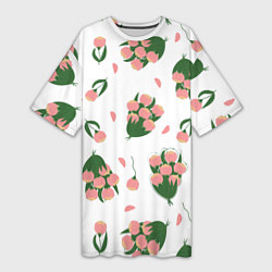 Женская длинная футболка Узор из букетов розовых тюльпанов