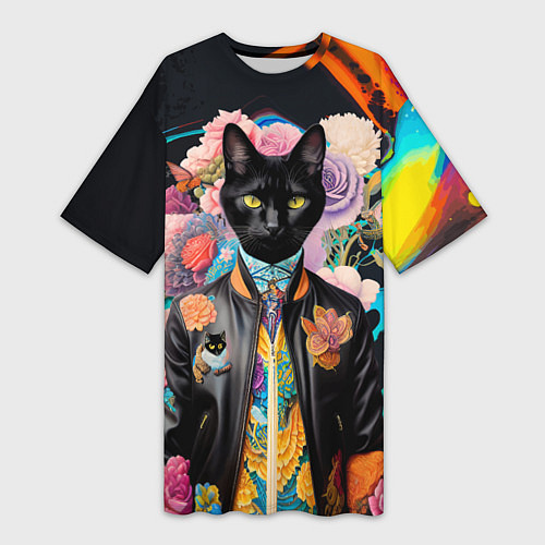 Женская длинная футболка Модный чёрный кот - нейросеть - мода / 3D-принт – фото 1