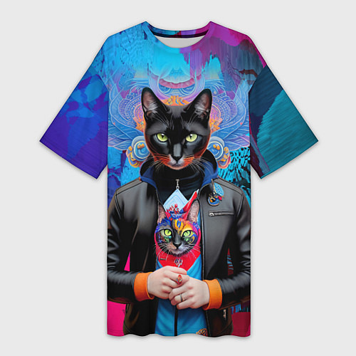 Женская длинная футболка Чёрная модница кошка - нейросеть / 3D-принт – фото 1
