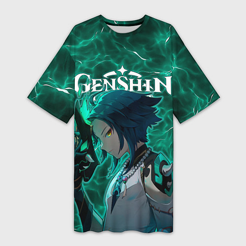 Женская длинная футболка Сяо на фоне воздушных частиц / 3D-принт – фото 1