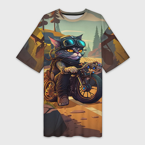 Женская длинная футболка Кот на мотоцикле - байкер / 3D-принт – фото 1