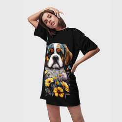 Футболка женская длинная Бернский зенненхунд - щенок с цветами, цвет: 3D-принт — фото 2
