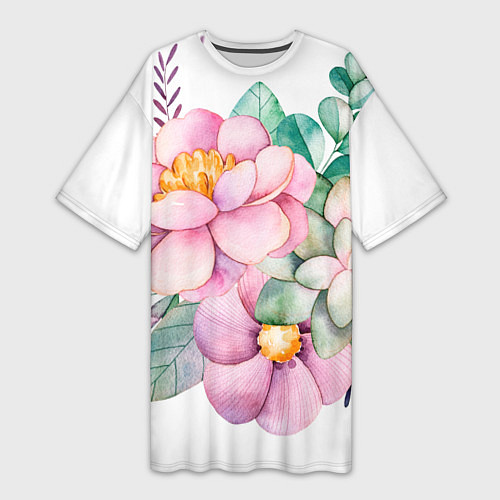 Женская длинная футболка Пастельные цветы - посередине / 3D-принт – фото 1