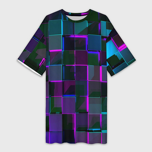 Женская длинная футболка Неоновые линии и кубы / 3D-принт – фото 1