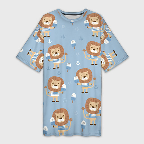 Женская длинная футболка Лев-моряк с мороженым - паттерн / 3D-принт – фото 1