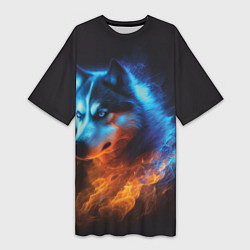 Женская длинная футболка Водно-огненная стихия волка