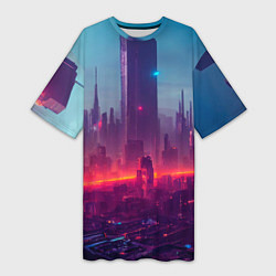 Футболка женская длинная Город ночной и неоновый, цвет: 3D-принт