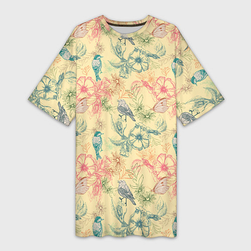 Женская длинная футболка Птицы и цветы / 3D-принт – фото 1