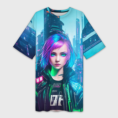 Женская длинная футболка Девушка в стиле киберпанк на фоне неонового города / 3D-принт – фото 1